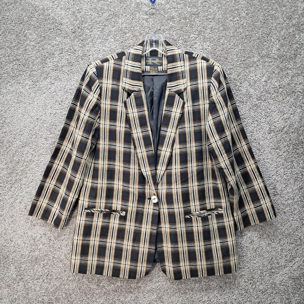 Requirements Women Black Tan Plaid Linen Blend Single Button Blazer Size 12